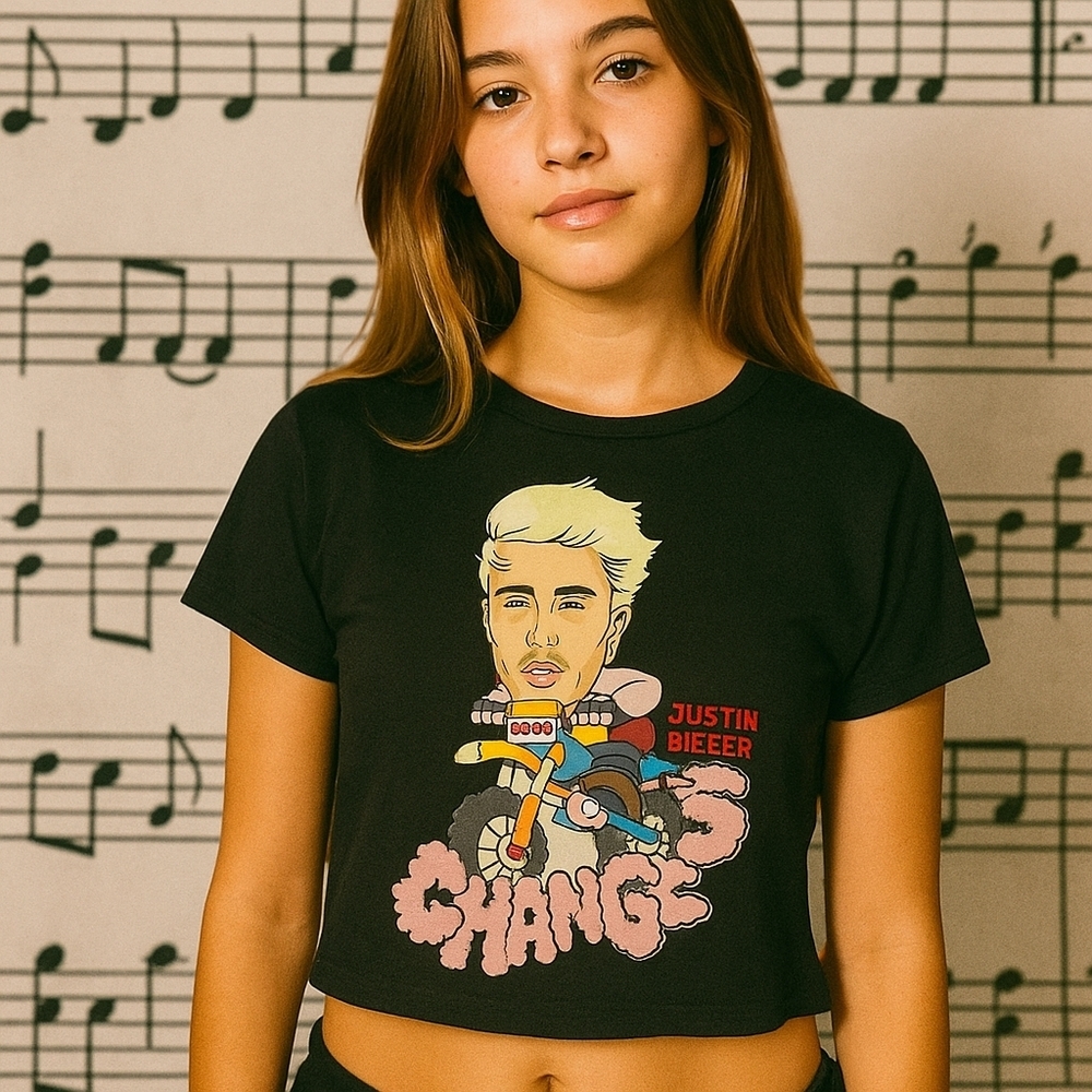 Justin Bieber Y2K Baby Tee BP Medium Black Graphic Crop Top - Picture 12 of 12